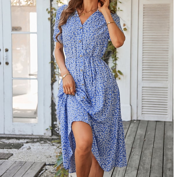 Vestido con cuello en V profundo para mujer,Vestido de verano con escote en V profundo para mujer Vestido de manga corta de verano para mujer Vestido casual de verano para mujer Achieve More