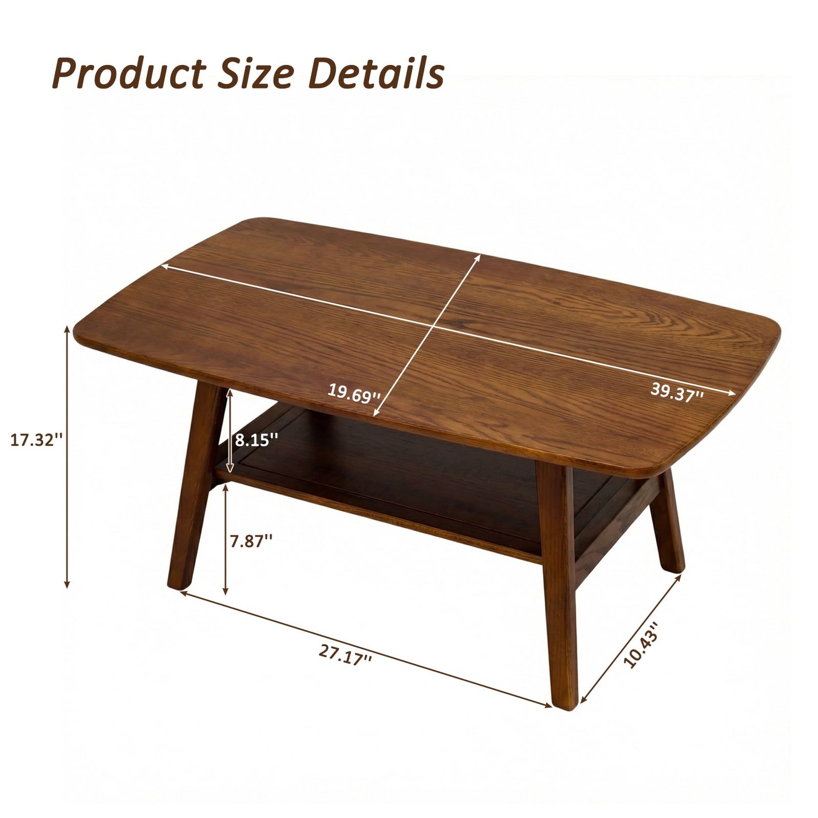 Hommoo Mid Century Modern 2-Tier Coffee Table with Rounded Corners amd Storage Shelf, Wooden Coffee Table, for Living Room, Office, Apartment, Walnut