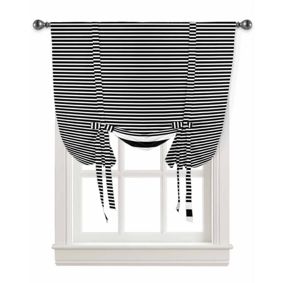 Black White Striped Tie Up Curtains for Window, Farmhouse Geometric Horizontal Lines Stripes Thermal Insulted Balloon Shade Adjustable Rod Pocket Curtains Valance for Kitchen Bathroom Café 42 x 63