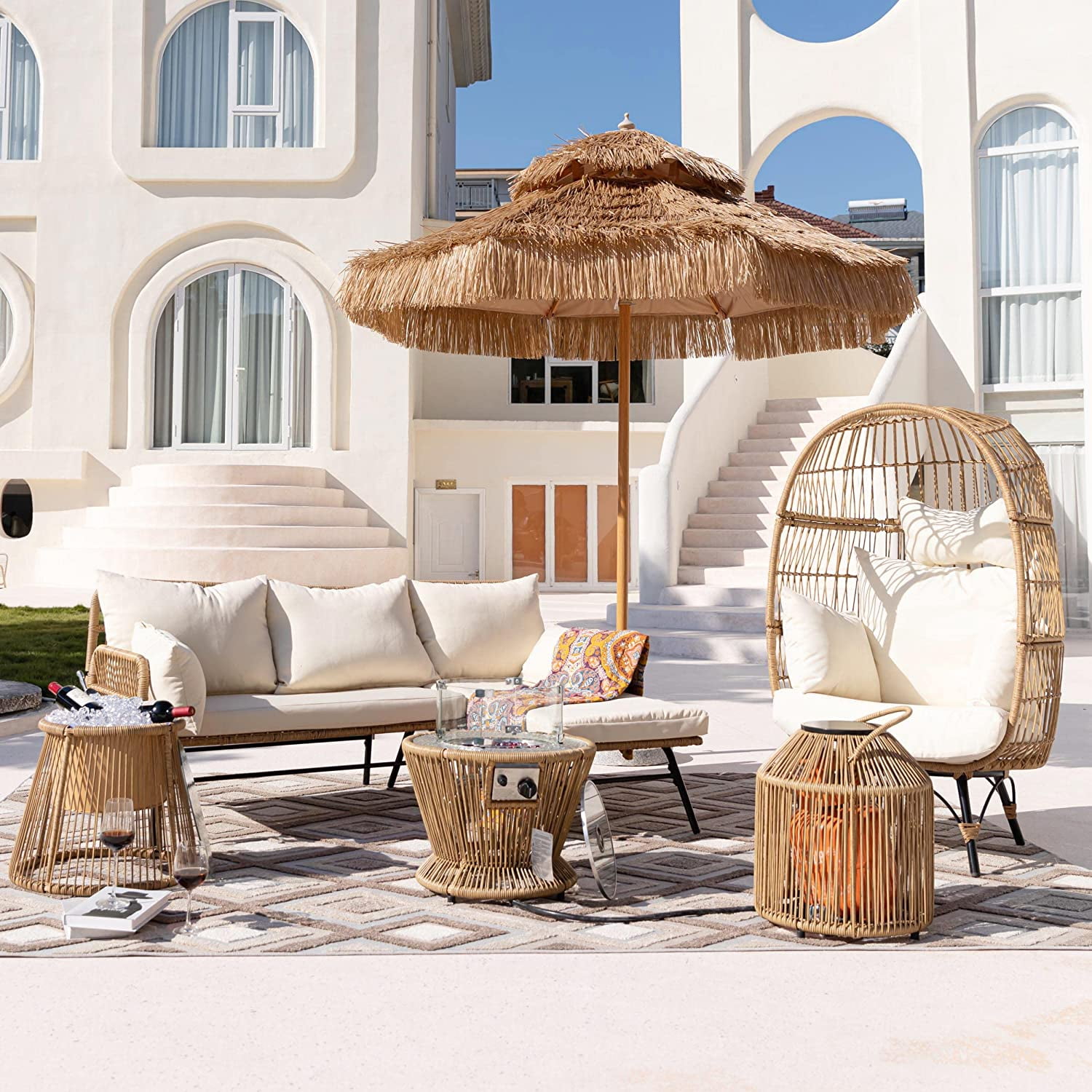 NICESOUL 6 Pieces Boho Outdoor Furniture Set with Fire Pit Table Wicker