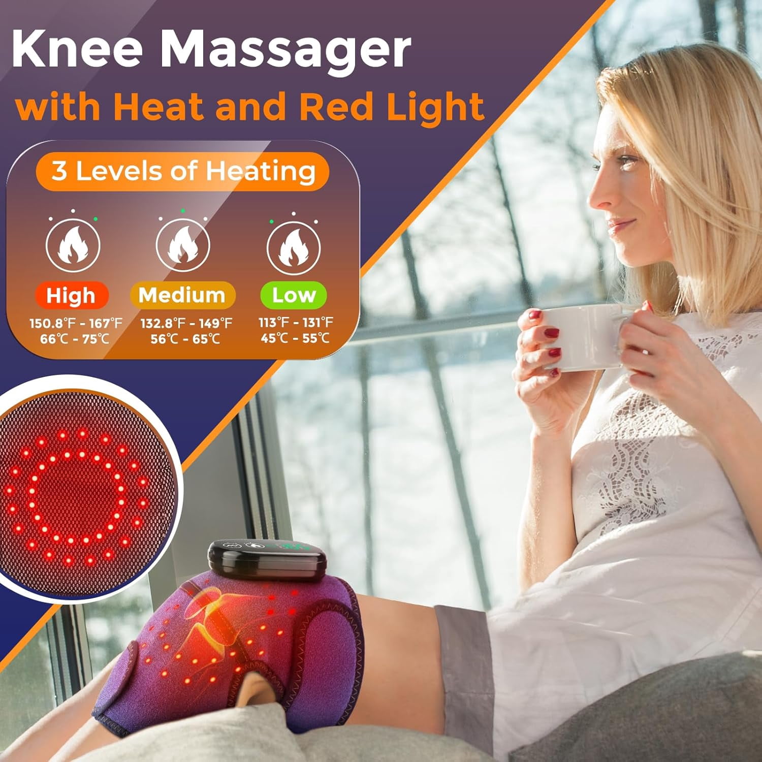 SUWU Knee Massager with Heat and Red Light, Knee Heating Pad for Knee Relax, Cordless Heated Knee Brace Heated Knee Wrap 1 Pack Blue
