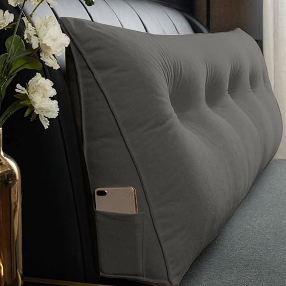 Triangle Reading Pillow with Button, Large Headboard Wedge Backrest Pillow – Gray, 47" × 20" × 8"