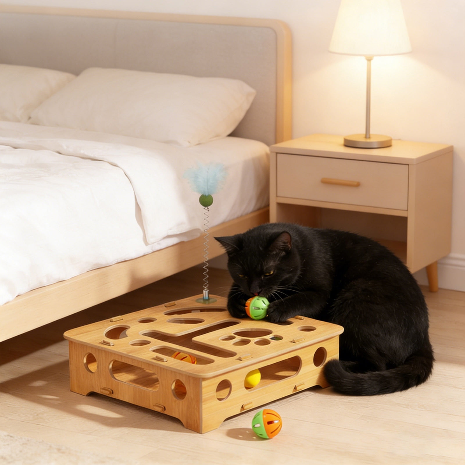 Pet Toys Enrichment Puzzle for Indoor Cats Cat Nail File Scratcher Interactive Wand Set Wooden Metal Mix for Grooming Play and Mental Stimulation