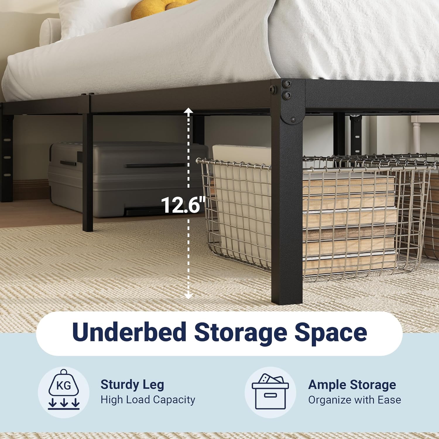 ZMSHOP King Size Bed Frame, 14 inch Metal Platform Beds with Storage Space, No Box Spring Needed and Easy Assembly, Black