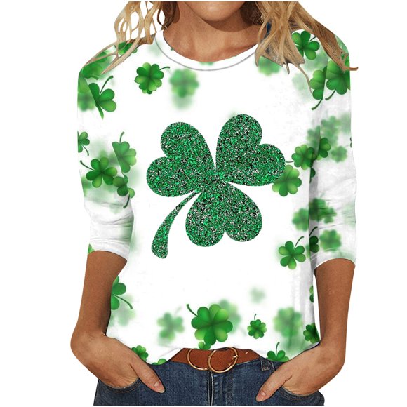 Besolor Womens St. Patricks Day Tops Trendy 3/4 Sleeve Shamrock Printed Tshirts Crewneck Cute St. Patricks Tunic Tee Tops