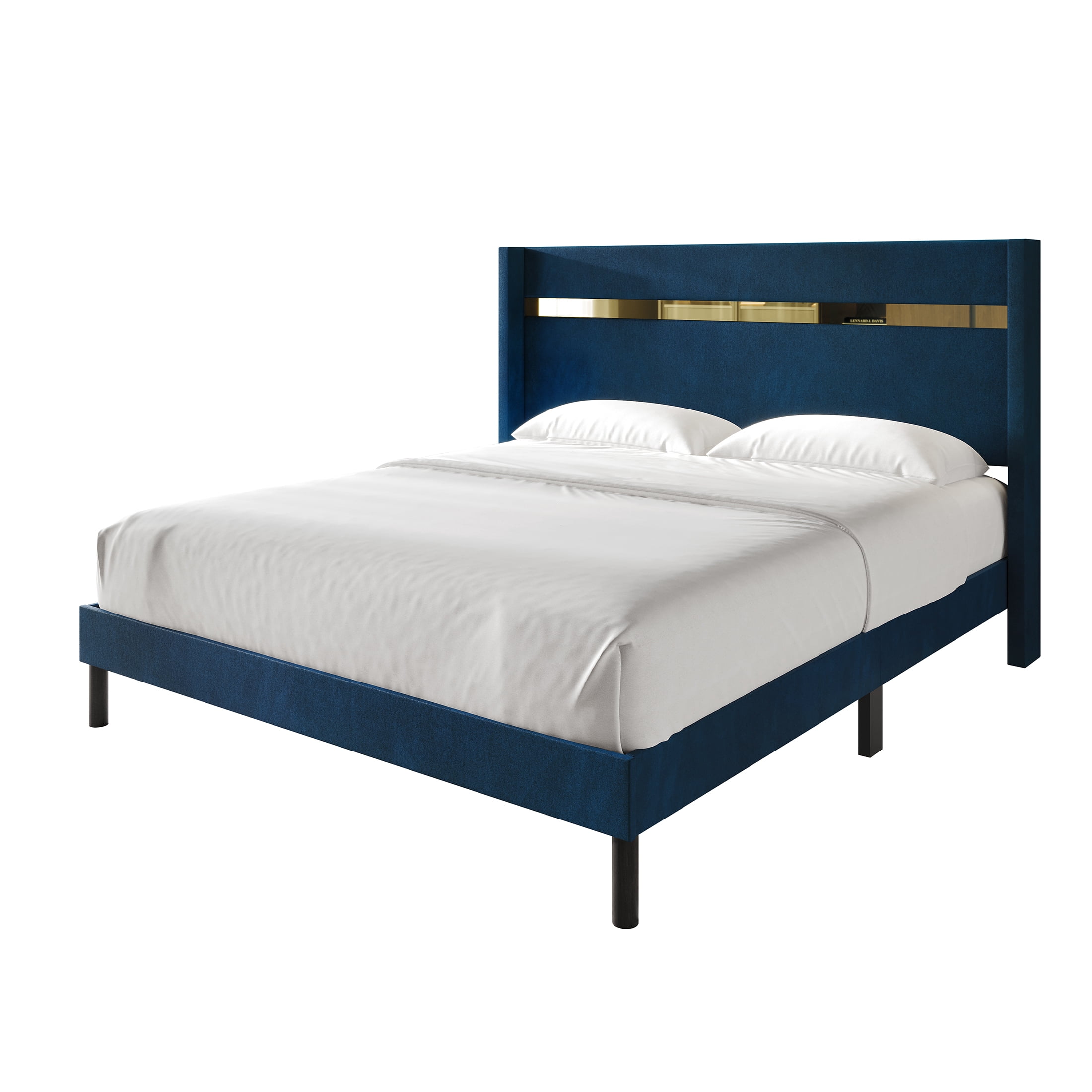 Castle Place Luxury Glam Velvet Wingback Twin Platform Bed with Gold Acrylic Accents, Navy Blue