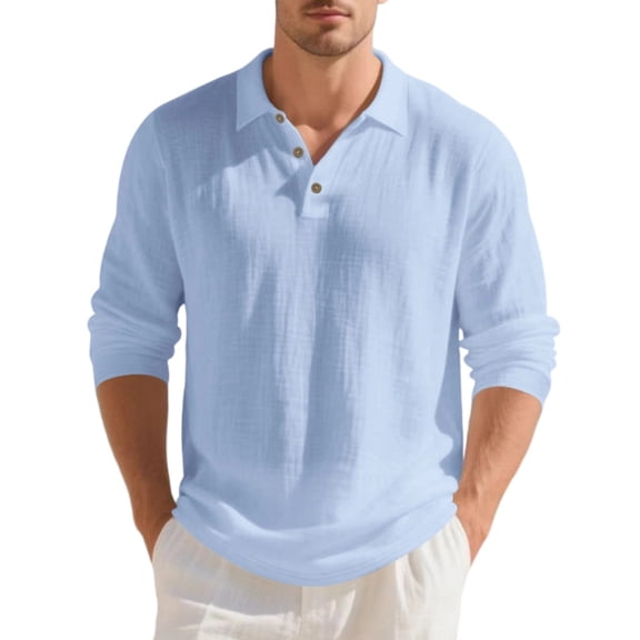 WULMLEO Men's Linen Shirts Casual Long Sleeve Polo Shirts Classic Button Down Collared Golf T-Shirts Lightweight Fall Tops Light Blue L