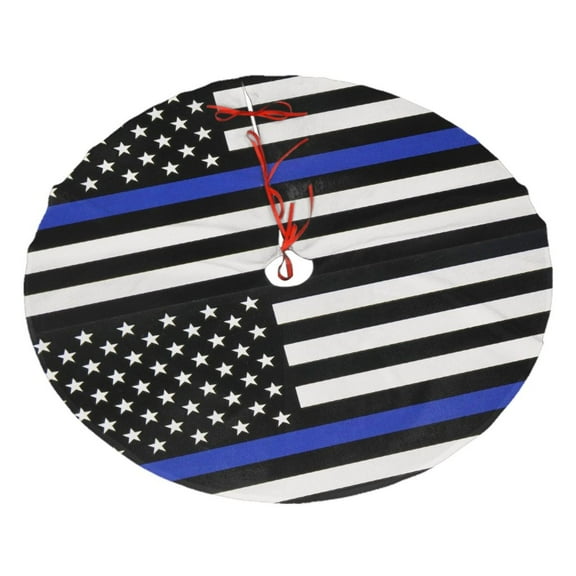Christmas Tree Skirt Thin Blue Line Flag Xmas Tree Skirt Mat for Christmas Decorations Party Holiday 48"