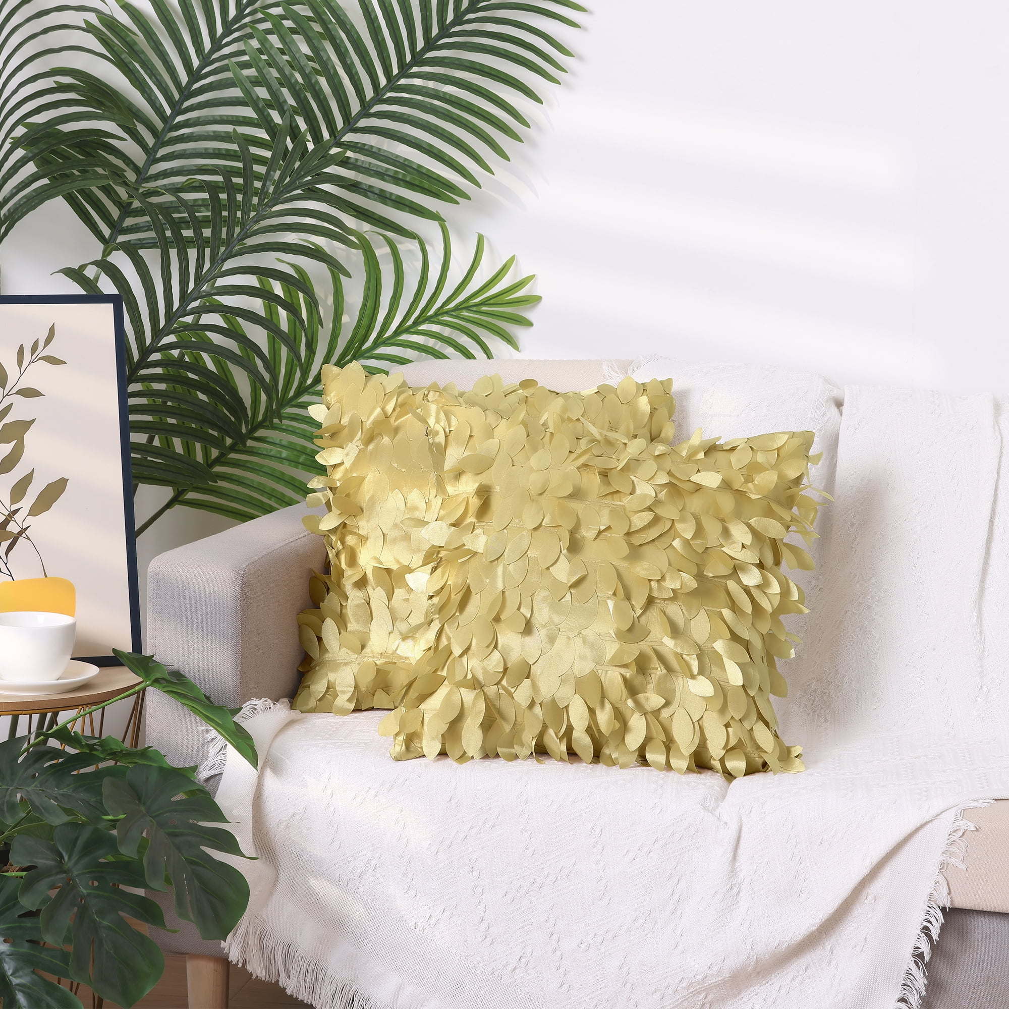 Unique Bargains Sequins Leaf 3D Throw Pillow Cover Pack of 4 Solid Color Cushion Covers Gold 18" x 18"