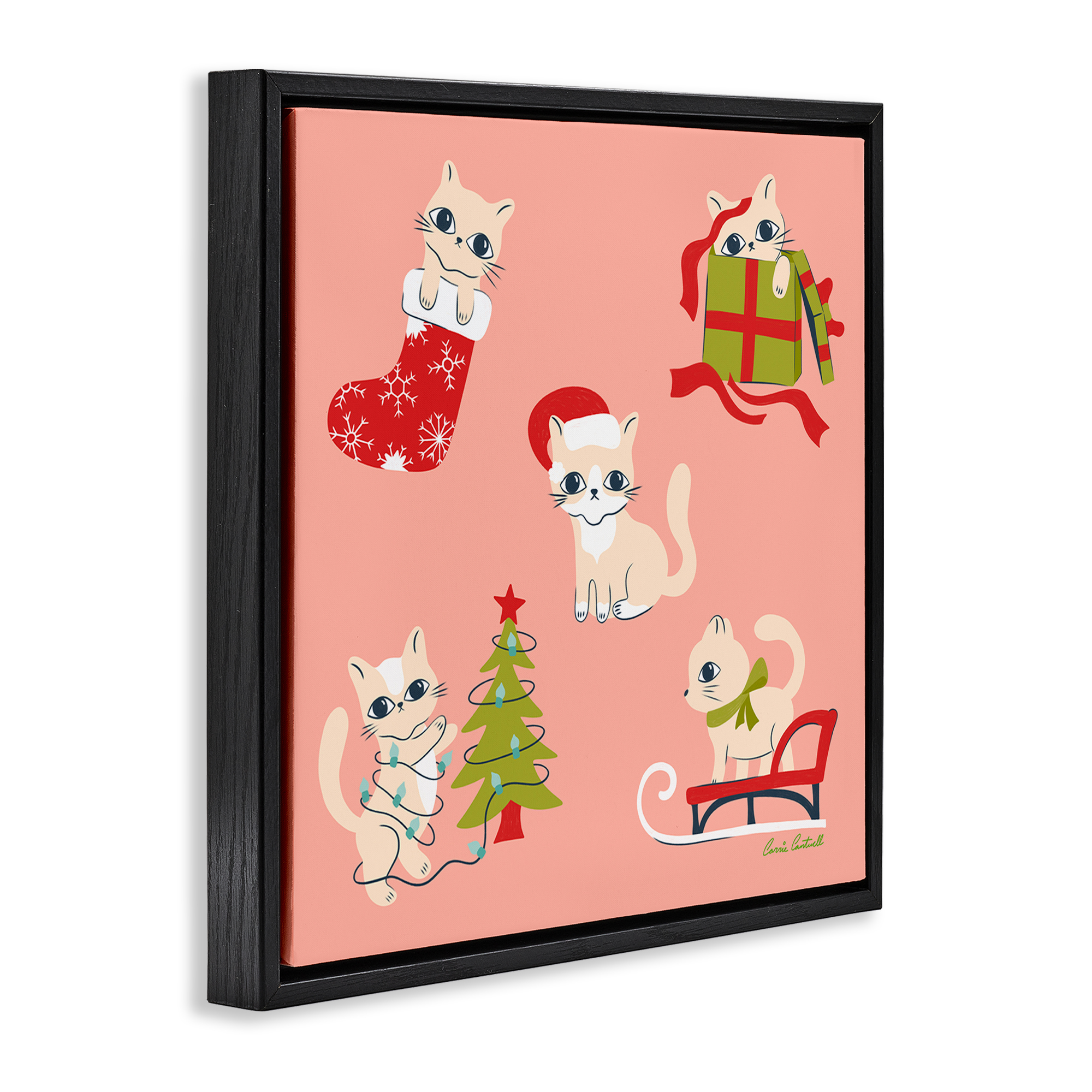Stupell Industries Festive Cats Cute Holidays Holiday Painting Black Floater Framed Canvas Art Prints Wall Art, 18 x 18