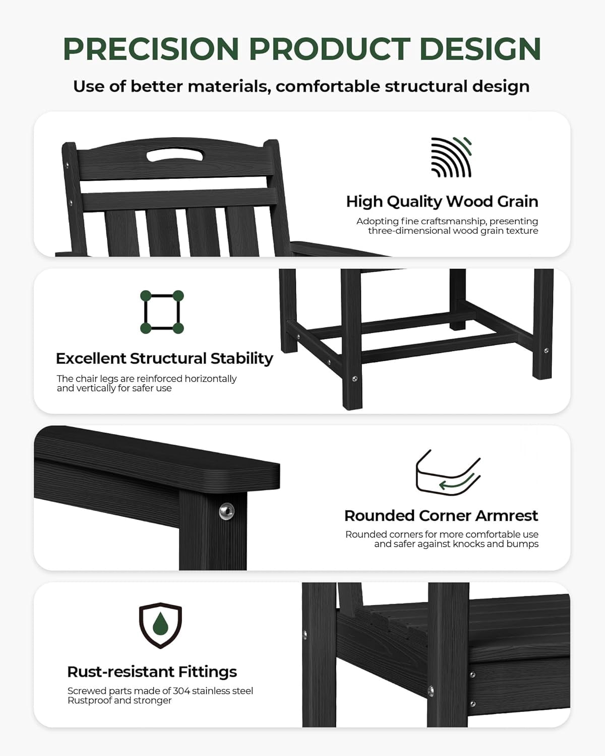 Harbweb HDPE Outdoor Dining Chair, All-Weather Wood Grain Patio Furniture, Black