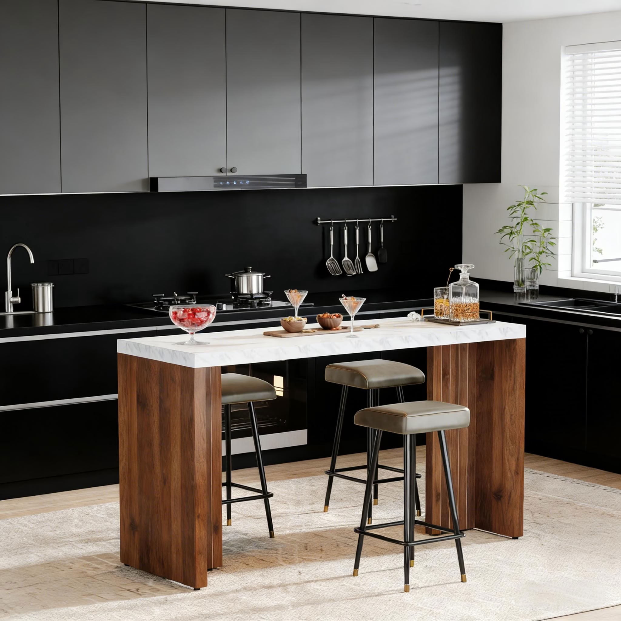 MAYEERTY Modern 55" Bar Table, Pub Tables with Faux Marble Top and Wood Legs, Home Bar Dining Table for Living Room, Kitchen, Dining Room