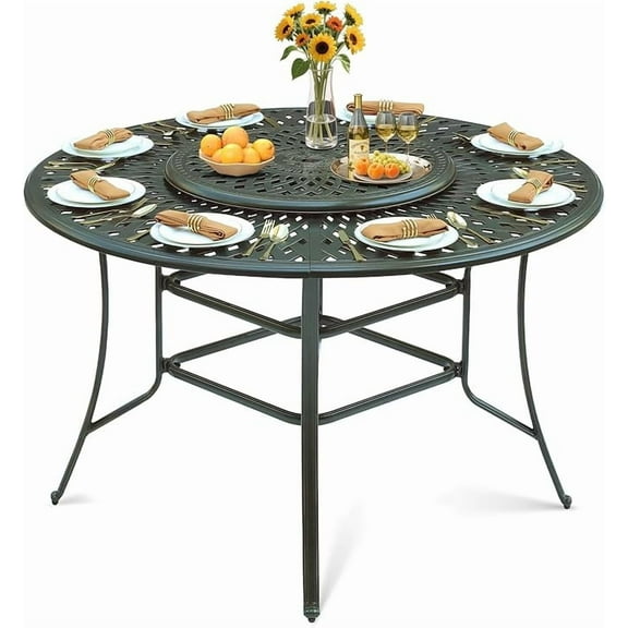 VIVIJASON 61" Patio Round Height Bar Table, All-Weather Cast Aluminum High Top Dining Table with 31" Lazy Susan & Umbrella Hole for Outdoor Balcony, Porch and Deck, Fits for 6-8 Person, Dark Bronze