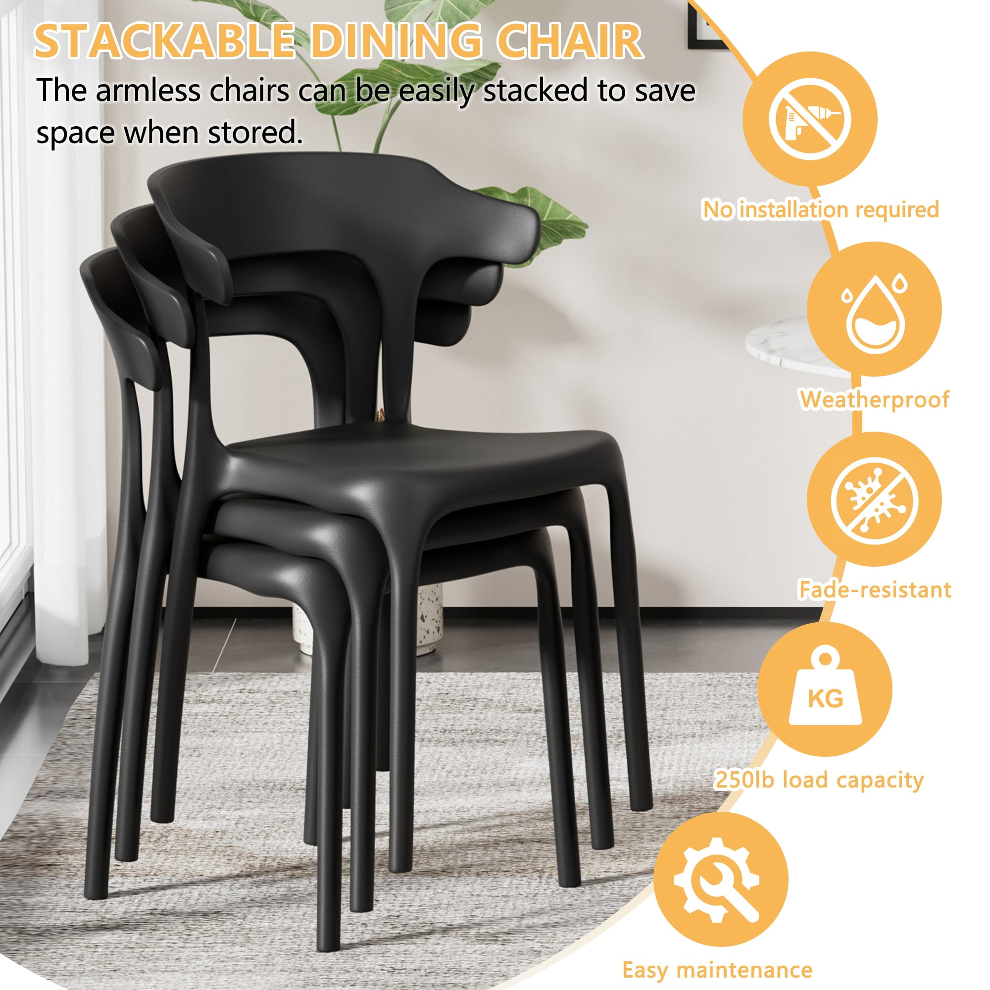 VECELO Stackable Patio Dining Chair Set of 4, Outdoor/Indoor Dining Chairs for Restaurant, Poolside and Garden, No Assembly, Black