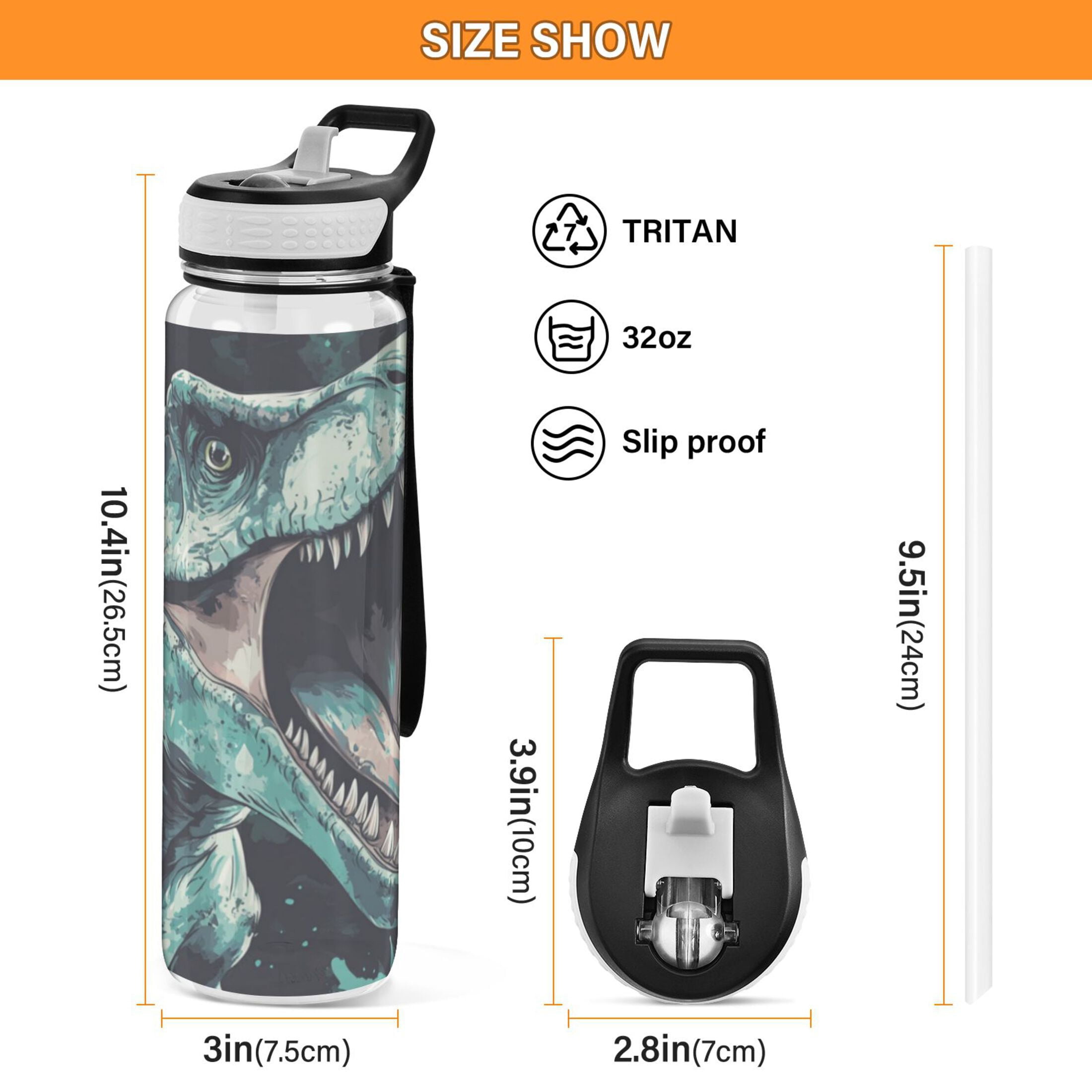 Qxltty Tyrannosaurus Rex Water Bottle 32 oz with Straw BPA Free Reusable Fitness Sport Bottle Perfect for Travel School Outdoors and Gym