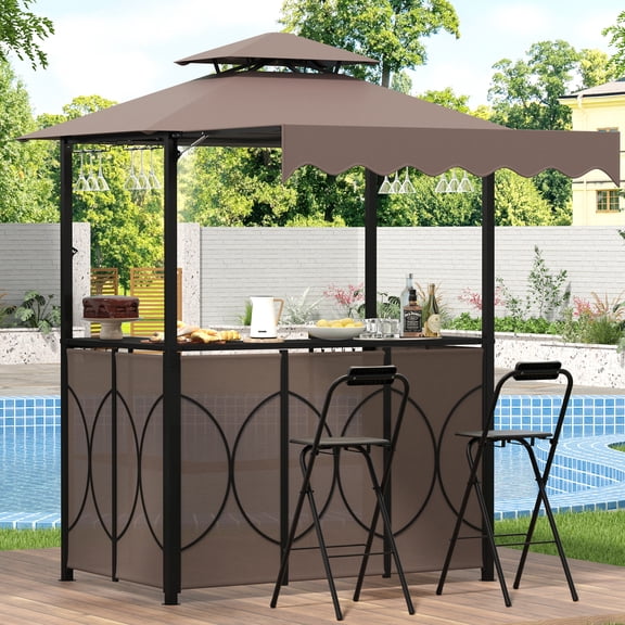 Haverchair 3-Piece Outdoor Bar Set, Grill Gazebo with Double-Tier Awning, 6.4'x 6.9' Outdoor BBQ Canopy with Bar Table, 2 Foldable Chairs, Storage Shelves and Glass Holders for Patio Poolside Garden
