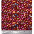 thumbnail image 1 of Soimoi Rouge Modal Tissu Satin Insecte, Soleil & Alphabets de Dessin Animé Texte Imprimé Tissu par Yard 42 Pouces de Large, 1 of 3