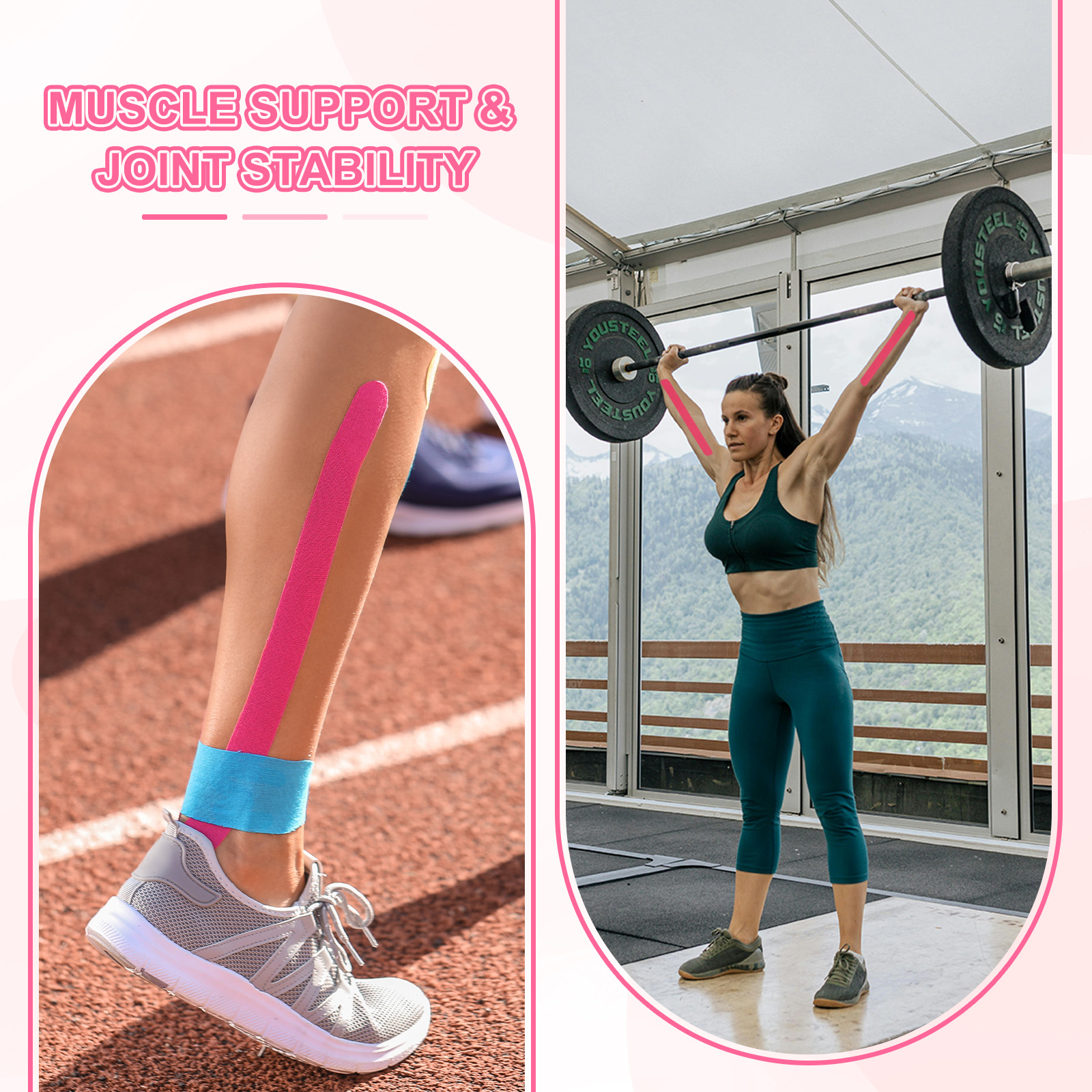 Uxcell 2" x 16 ft Kinesiology Tape Breathable, Kinesiology Recovery Tapes for Muscle Support, Pink/Blue