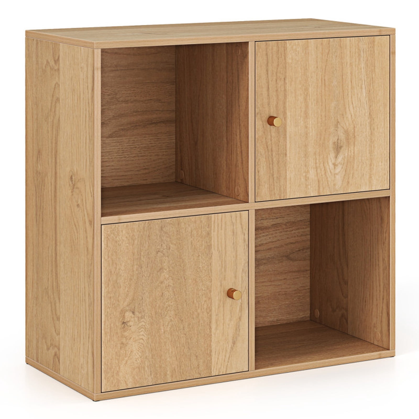 Furnibear 4-Cube 3-Tier Bookcase with 2 Cabinets Dual Anti-Tipping Kits and Metal Knobs for Living Room and Home Office, Natural