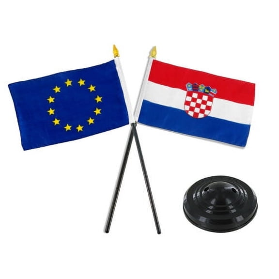 European Union w/ Croatia Croatian Flag 4"x6" Desk Set Table Stick Black Base