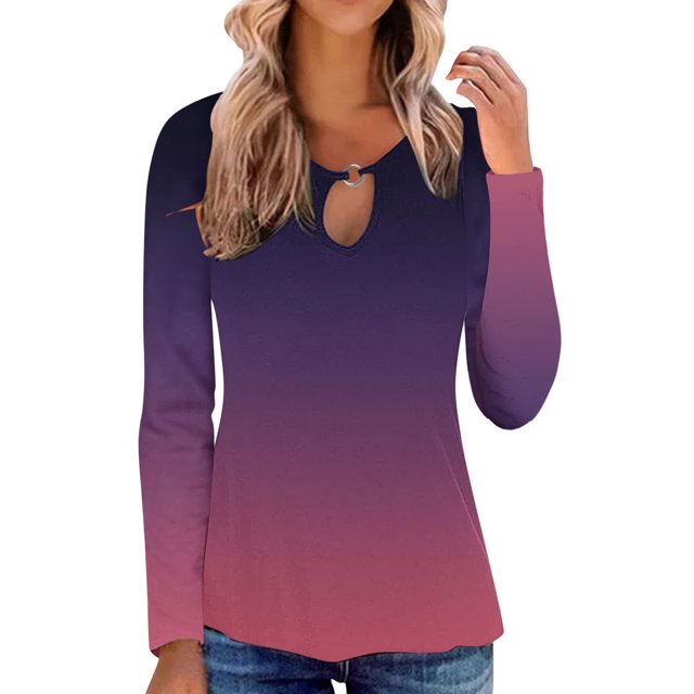 Tops de Otoño Para Mujer, Camisetas Informales Con Estampado Degradado, Blusas de Manga Larga Con Cuello Redondo Odeerbi ODB178927
