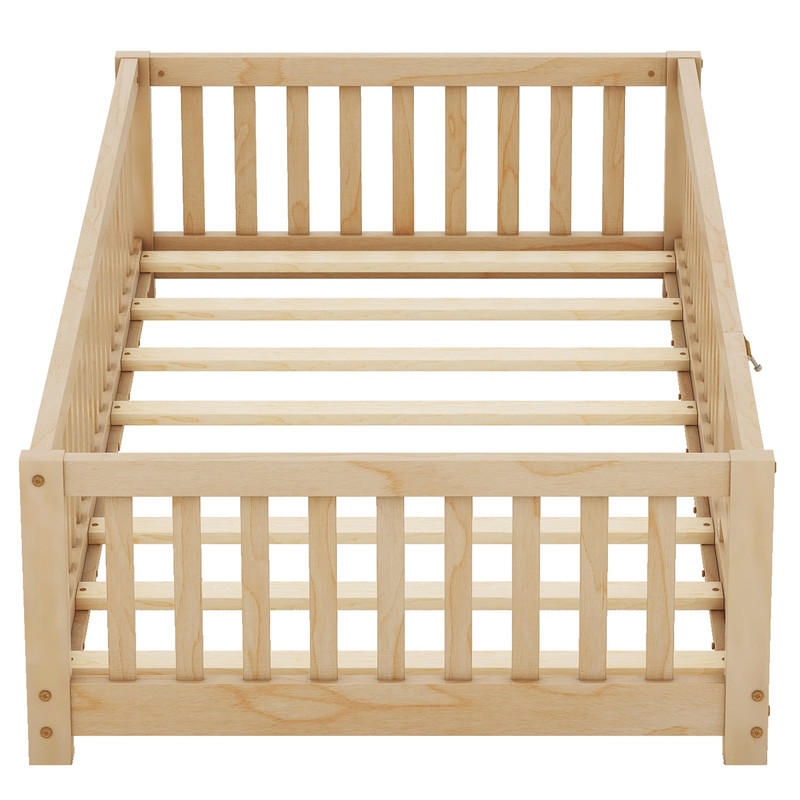 Twin Floor Bed, Wood Twin Size Montessori Bed with Rails, Twin Bed Frame with Slats, No Box Spring Needed,Natural