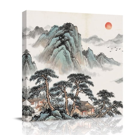 Tree Mountain Canvas Wall Art for Living Room Oriental Traditional Ink Painting Landscape Poster Print Painting for Bedroom Office Home Decoration Wall Pictures Prepare To Hang 16 x16