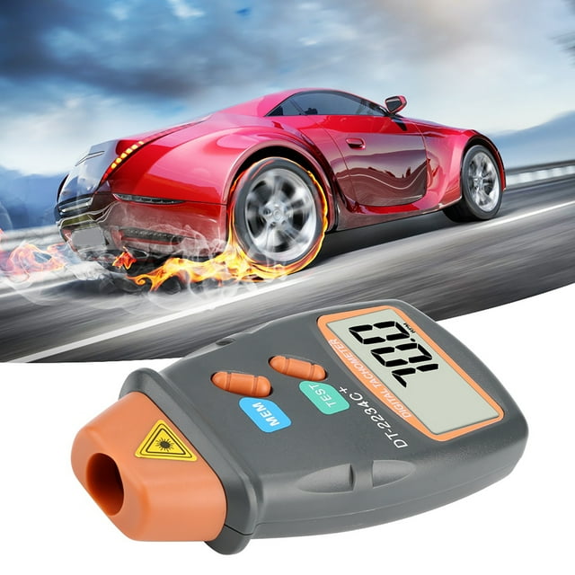tacómetro láser, tacómetro láser digital de mano tacómetro de mano tacómetro digital valor inmejorable jadeshay a dispositivo portátil en ángulo 3/4 con carcasa gris y boquilla naranja, pantalla LCD de 5 dígitos mostrando '0124' y botones visibles; símbolo de láser junto a la salida. Rango 2.5–99,999 RPM, distancia de detección 50–500 mm (2–20 pulg.), memoria de máximo/mínimo/último y diseño antideslizante, fondo con auto rojo en movimiento que sugiere uso en autos y motores.