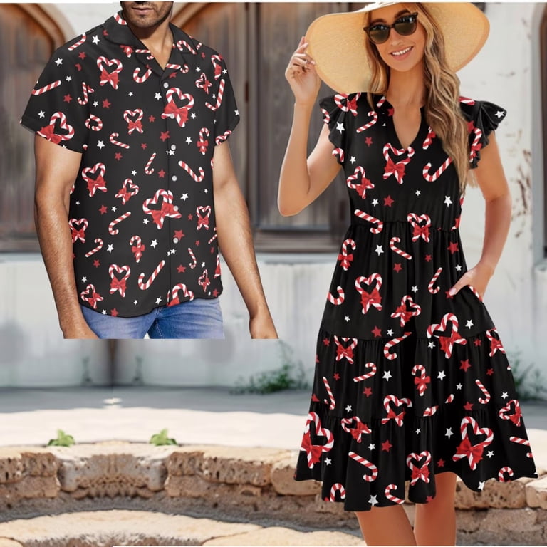 Uorisanigo Christmas Cow Couple Matching Outfit Gingerbread Men Men's Short Sleeve Shirt Beach Casual Shirt and Womens Midi Dress Casual Summer Dress 