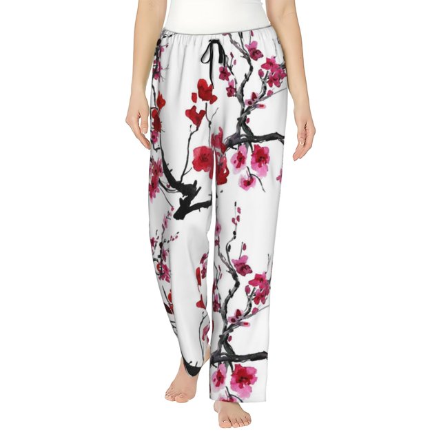 Fotbe Cherry Blossoms Pantalones de Pijama para Mujer, Pantalones de Dormir, Pantalones Pj con Cordón y Bolsillos-Large