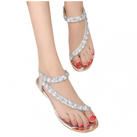 

Women s Rhinestone Wedding Sandals Ring Toe Slip-On Flat Sandals Casual Outdoor Beach Summer Sandals Roman Shoes for Women