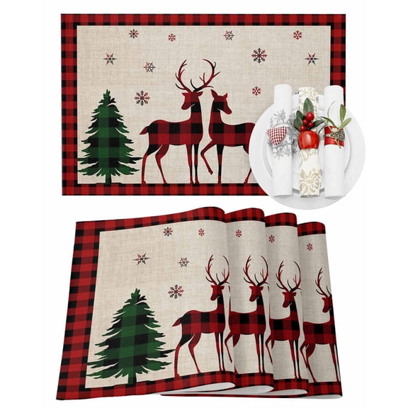 Christmas Placemats Set of 6, Elk Deer Holly Tree Place Mats Reindeer Xmas Buffalo Plaid Placemat Table Decoration for Kitchen Table Dinner Xmas Holiday Party Home Decor Indoor Outdoor 13x19 Inch