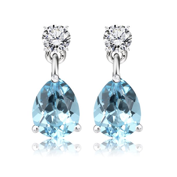 JeenMata Pendientes Clásicos de Aguamarina con Corte Redondo y en Forma de Pera de 2,5 Quilates, Piedra Natal de Marzo, en Oro Blanco de 18 K sobre Plata, para Mujer