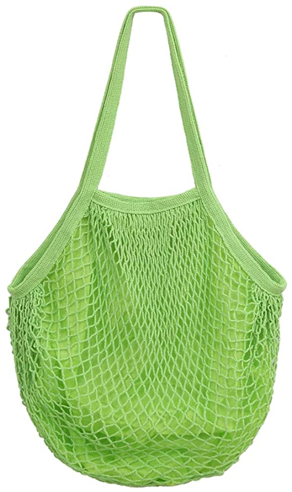 Reusable Cotton Mesh Grocery Bags Foldable Long Handle Net Tote Bags