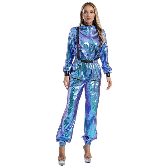 Zaldita Women Metallic Shiny Astronaut Jumpsuit Zipper Front Mock Neck Halloween Spacesuit Dress Up Blue S