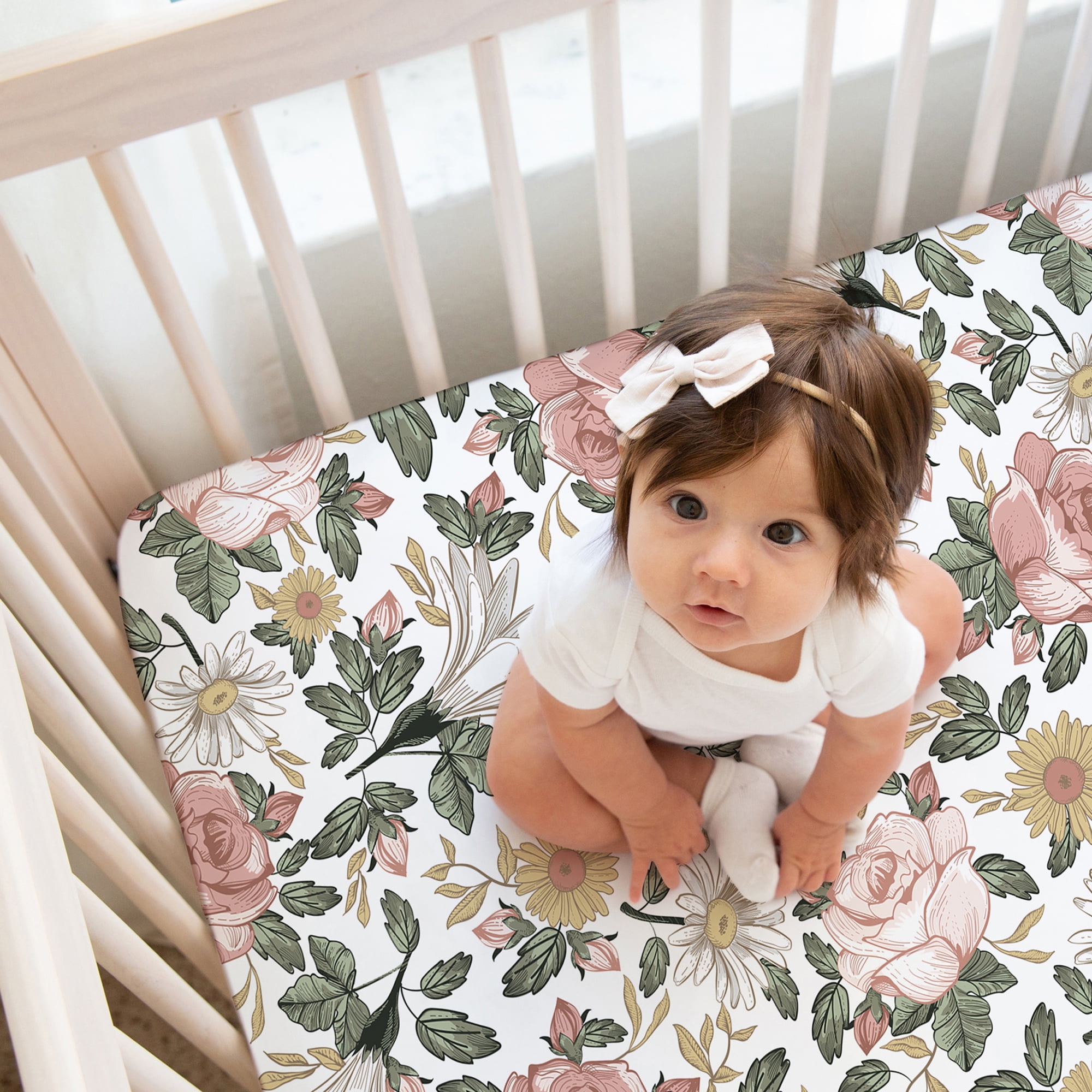 Sweet Jojo Designs Vintage Floral Pink Green and Yellow Fitted Crib Sheets 2 Piece Set