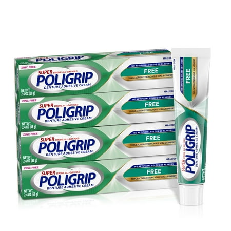 Poligrip Free Denture Adhesive Cream, Strong All-Day Hold, Food Seal, 2.4 Oz (4 Pack)