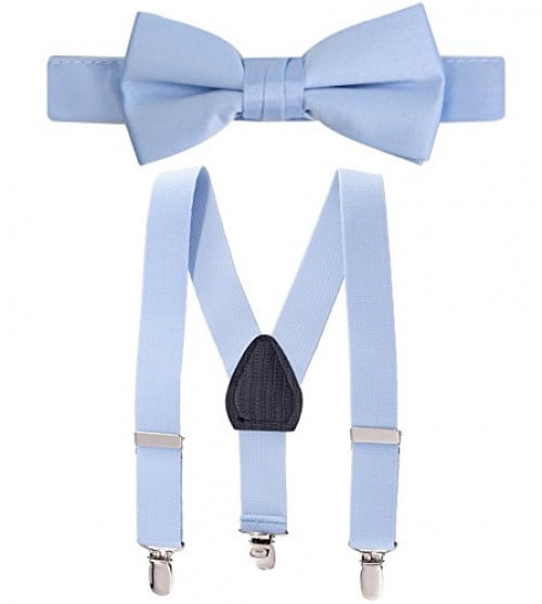 light blue suspenders and bow tie