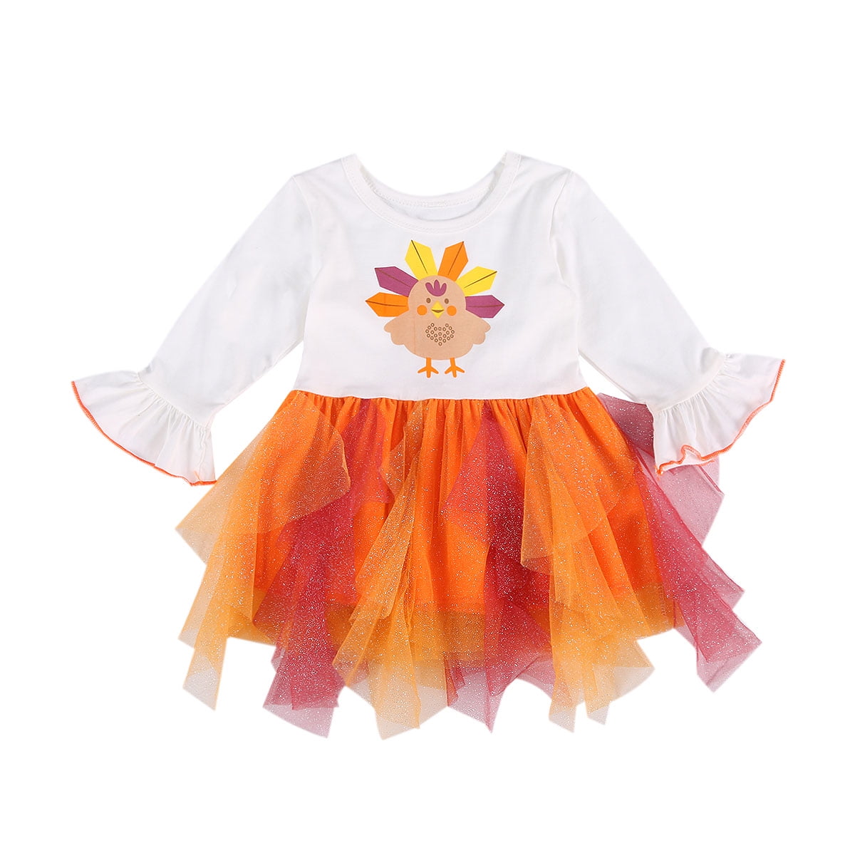 Thanksgiving Baby Girl Outfit Turkey Flare Sleeve Dress Glitter Tutu