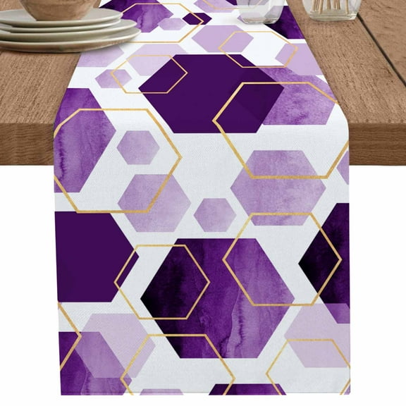 nqOlkjepod Purple Geometric Table Runner 36 Inches Long Farmhouse Dress Scarves, Gold White Hexagon Modern Dining Tablerunner for Coffee Table/Kitchen Island/Party Décor, Small 13" x 36"