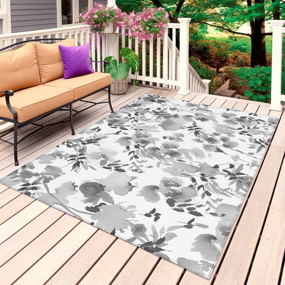 Gray Spring Floral Outdoor Rug for Patio/Deck/Porch, Non-Slip Large Area Rug 6 x 9 Ft, Watercolor Blooming Botanical Summer Indoor Outdoor Rugs Washable Area Rugs, Camping Rug Carpet Runner