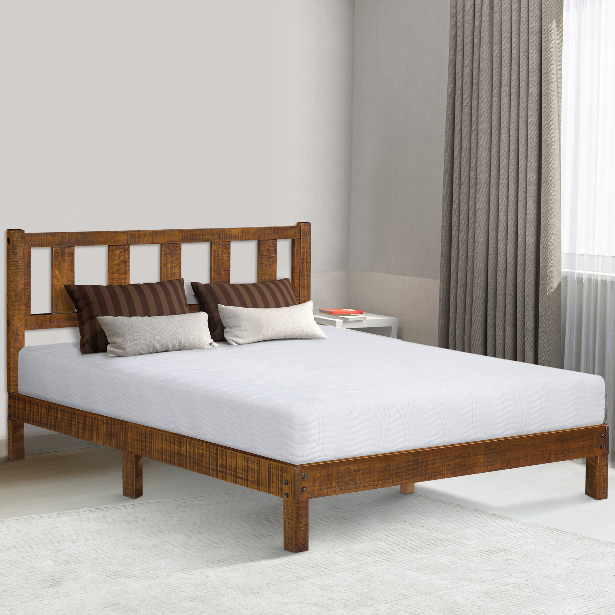 GrandRest 14 Inch Deluxe Solid Wood Platform Bed with Headboard, Queen
