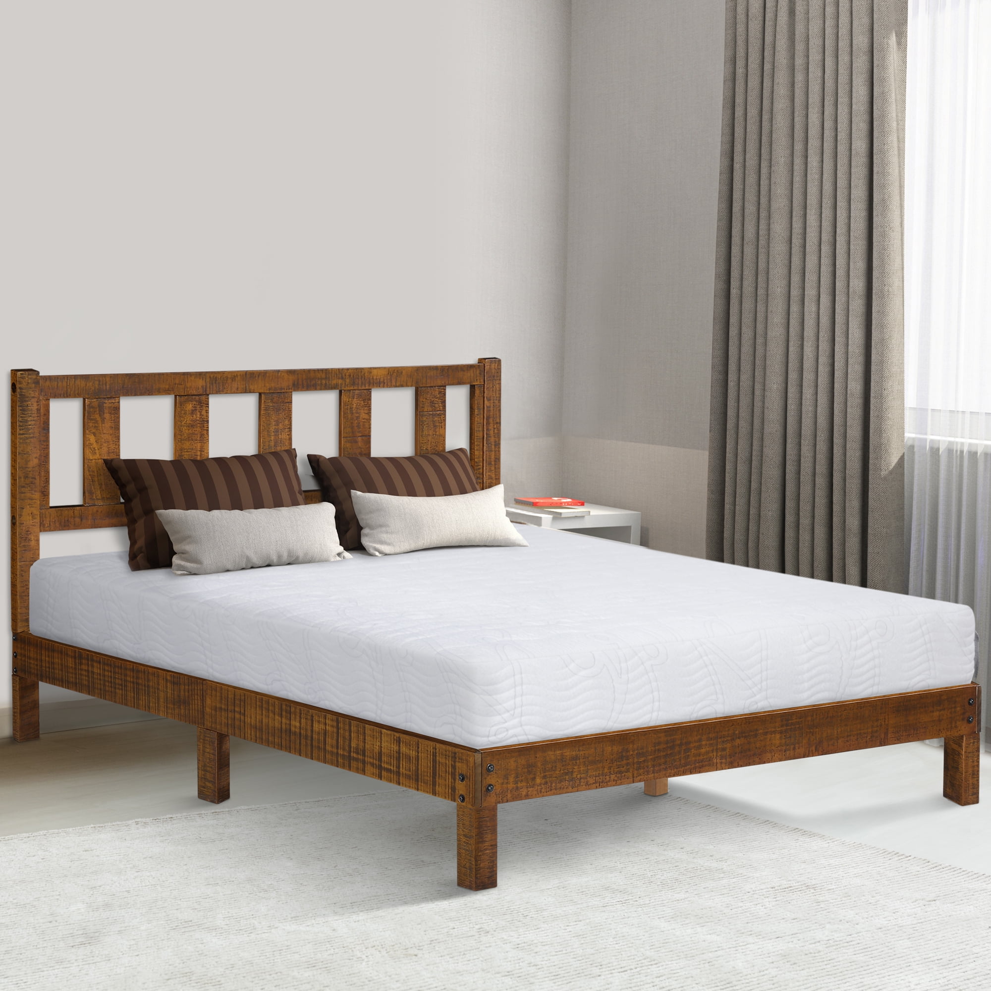 GrandRest 14 Inch Deluxe Solid Wood Platform Bed With Headboard Queen 