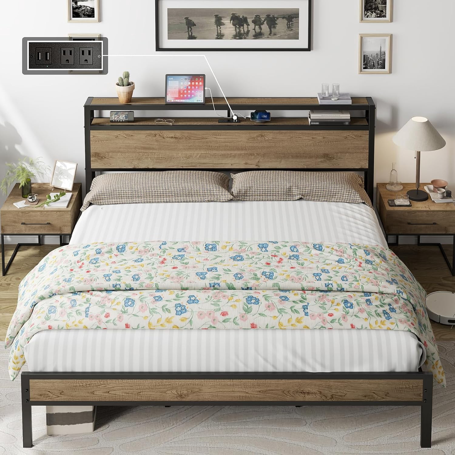 Merluxy King Size Bed Frame Industrial Platform Bed with Charging Station, 2-Tier Storage Headboard/ No Box Spring Needed/ Noise-Free/ Rustic Brown