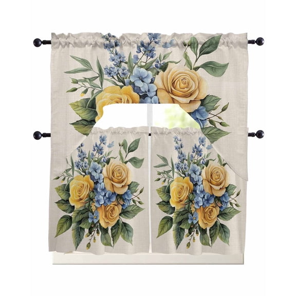 Yellow Blue Floral Leaves Kitchen Curtains Swag Valance and Tier Curtains Set 36 Inch Length, Vintage Flowers Botanical Rod Pocket Drape Panels Pair Swag Curtain for Bathroom/Cafe/Window