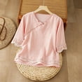 thumbnail image 2 of Embroidered Linen Tops for Women Dressy Casual Ruffle Mid-Sleeve Shirts Crew Neck Pullover Tees,Pink,3XL, 2 of 5