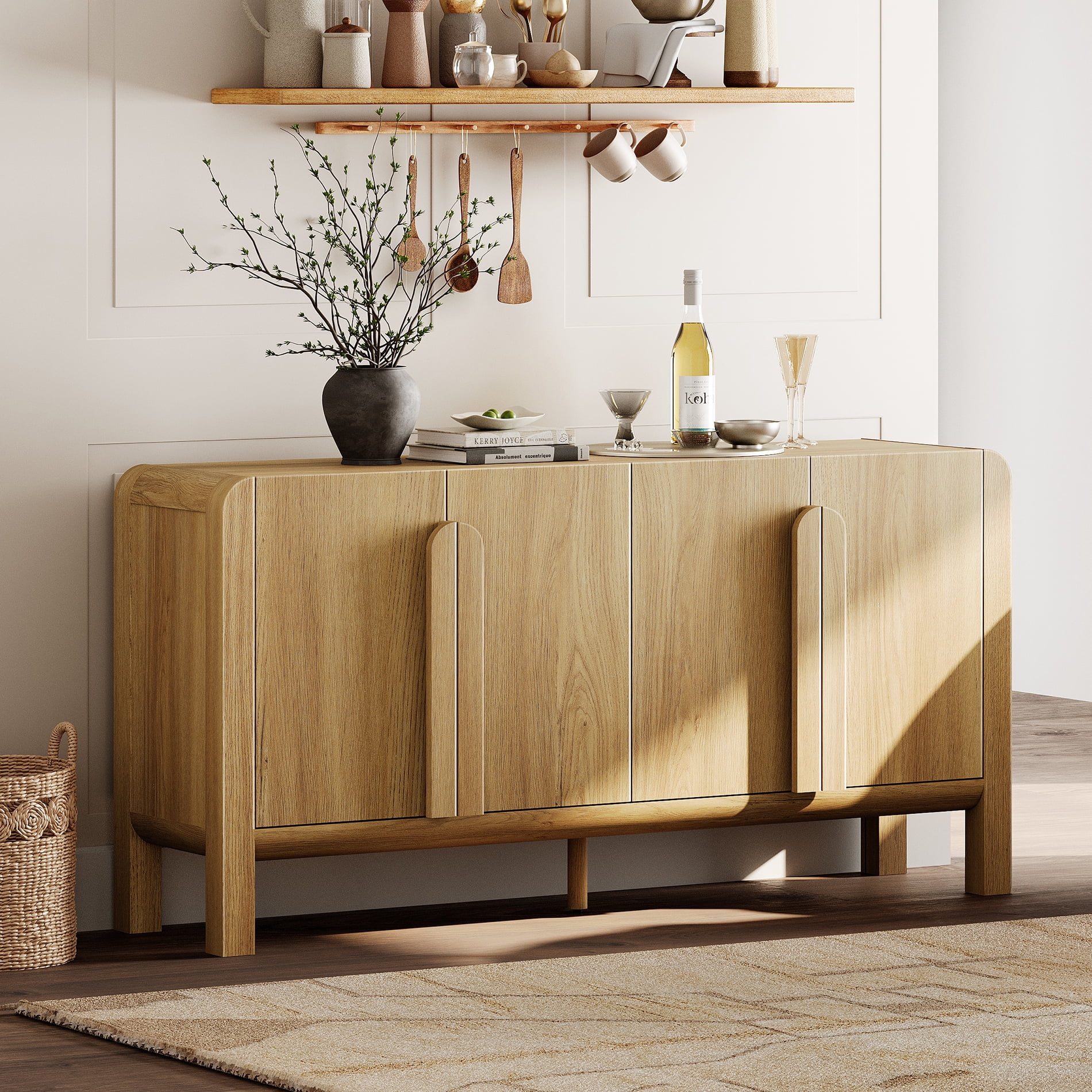 63" Accent Cabinet with 4 Doors and Adjustable Shelves, Modern Credenza Storage Cabinet with Curved Profile Design for Living Room, Kitchen, Dining Room, Hallway