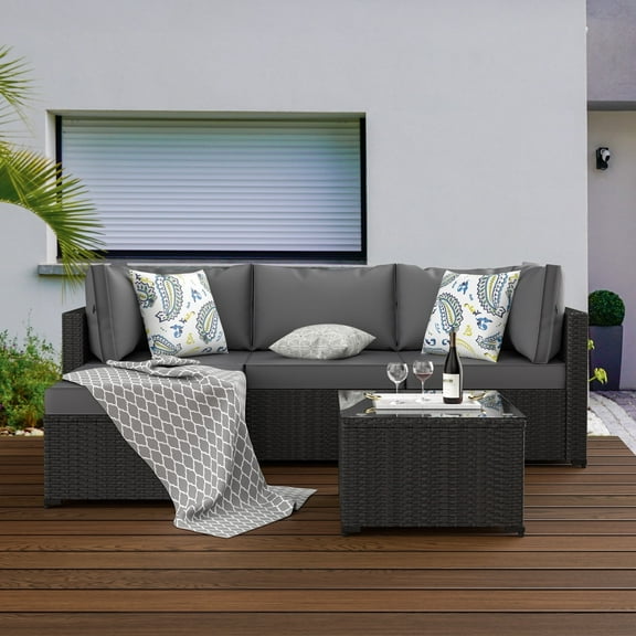 Phonjoroo 5pcs Patio Furniture Sets All Weather Outdoor Sectional Sofa Manual Weaving Wicker Rattan Outdoor Conversation Set with With Cushion And Glass Table, Grey
