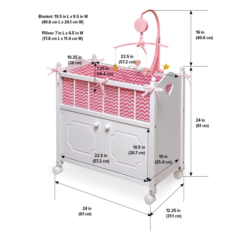 Cabinet Doll Crib with Chevron Bedding and Free Personalization