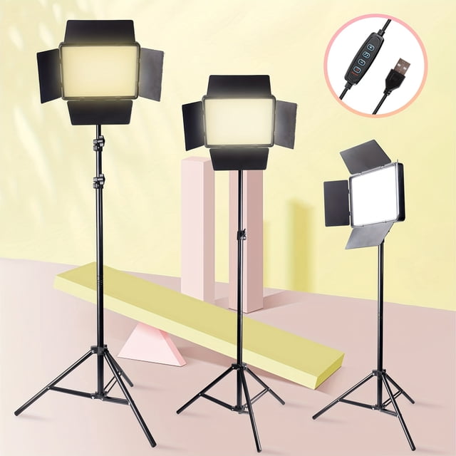 LED Video Light Kit, Studio Dimmable Photography Lighting Set with 4pcs Shading Board, USB Plug, 63 Inch Tripod, Three Modes, Ideal for Indoor Video Recording, Game Streaming, Parties ≤36V